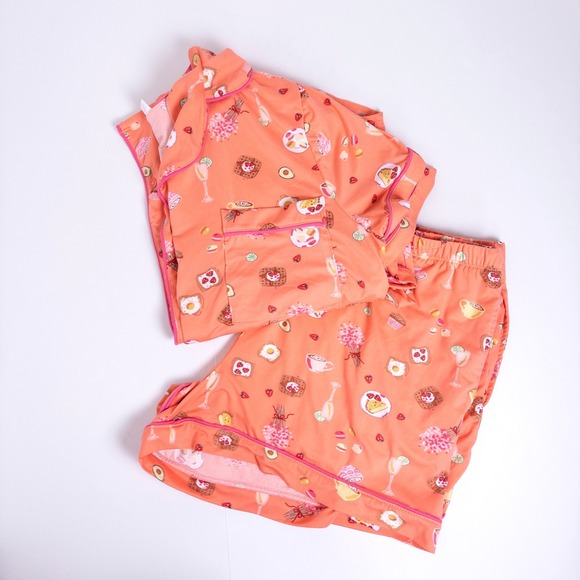 Joyspun Other - Joyspun Pajama Set Women XL Peach Brunch Food Print Short Sleeve Button Down